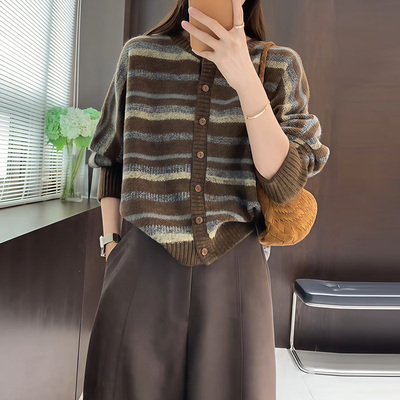 毛衣慵懒高级感条纹针织开衫春秋百搭宽松显瘦长袖圆领毛衣短外套