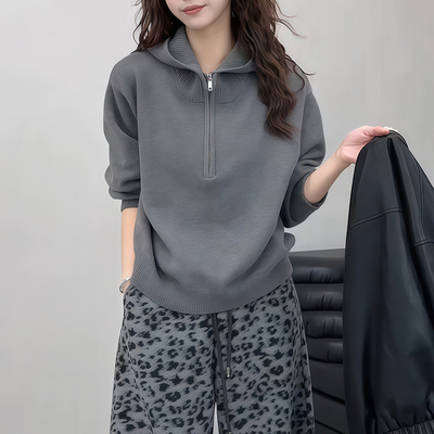 通勤风灰色连帽拉链针织衫女