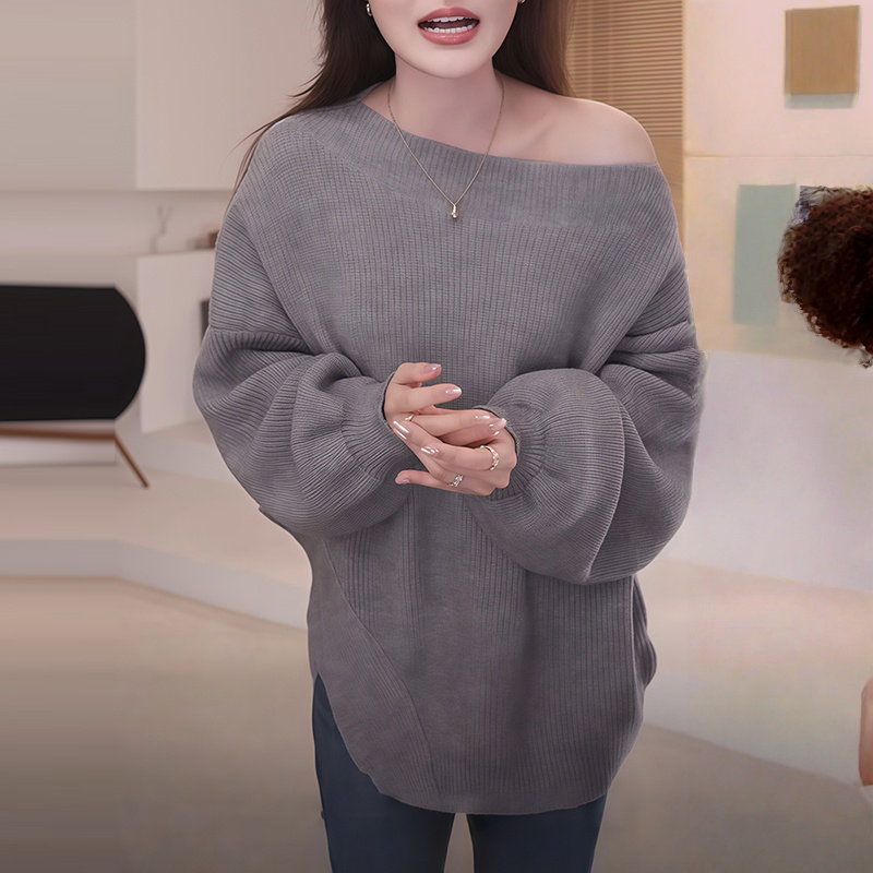 不规则一字肩针织衫女