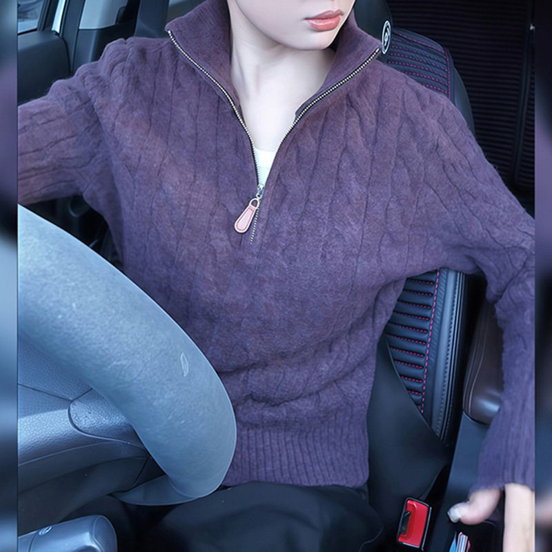 紫色麻花拉链针织衫女2026春秋高领套头打底衫显瘦修身内搭毛衣潮