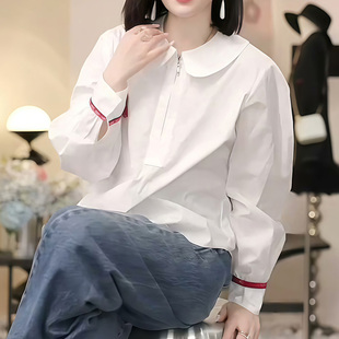 长袖 新款 宽松显瘦减龄白色上衣潮 女春秋季 休闲风娃娃领半拉链衬衫