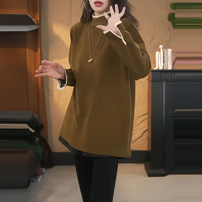 秋冬新款半高领长袖打底衫中长款T恤韩版宽松内搭蕾丝花边上衣女