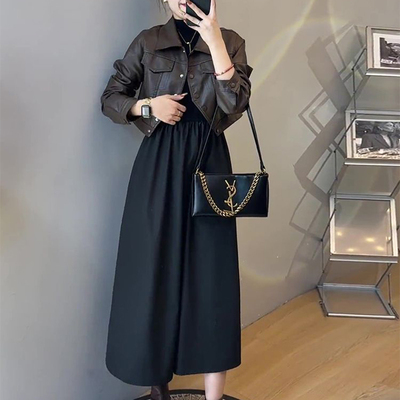 时尚黑色连衣裙皮衣外套两件套女