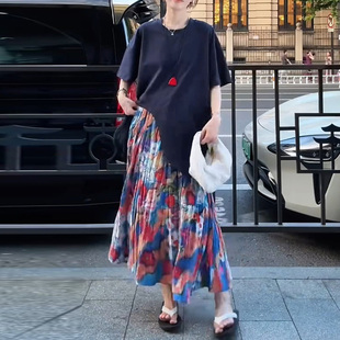 女a字半身裙两件套裙子夏季 韩系小众休闲t恤短袖 上衣别致洋气套装