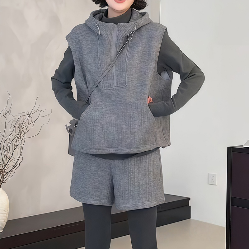 高级感灰色连帽半拉链无袖卫衣