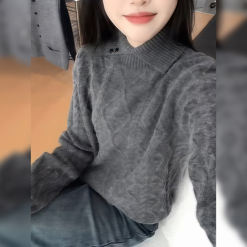 温柔慵懒风翻领长袖针织衫女2025年冬季新款灰色宽松百搭质感毛衣