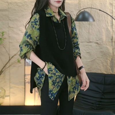 休闲套装女时尚印花针织马甲衬衫