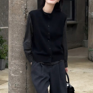 长袖 时尚 衬衫 马甲针织衫 宽松巨显瘦气质上衣 女秋季 复古条纹风套装