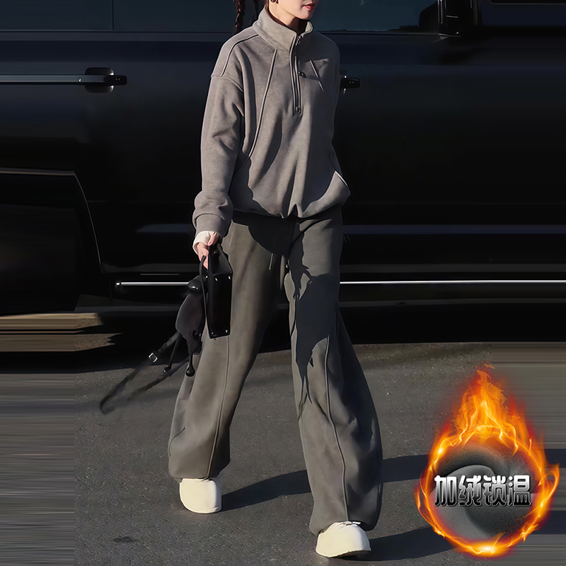 高级感时尚休闲套装女冬季新款灰色气质保暖拉链外套阔腿裤两件套