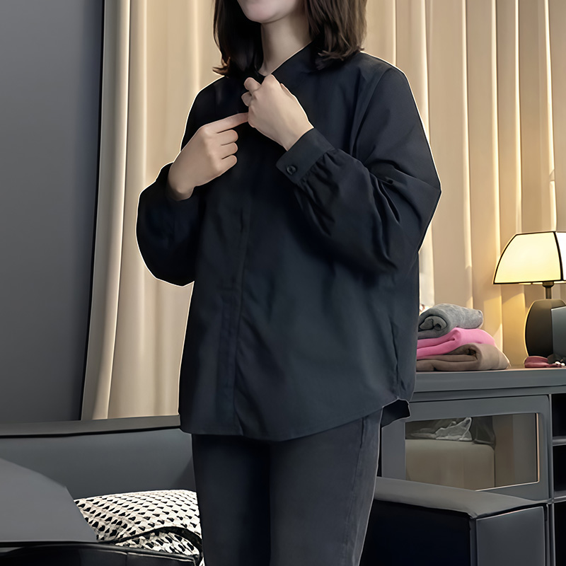 极简风黑色长袖衬衫女秋冬