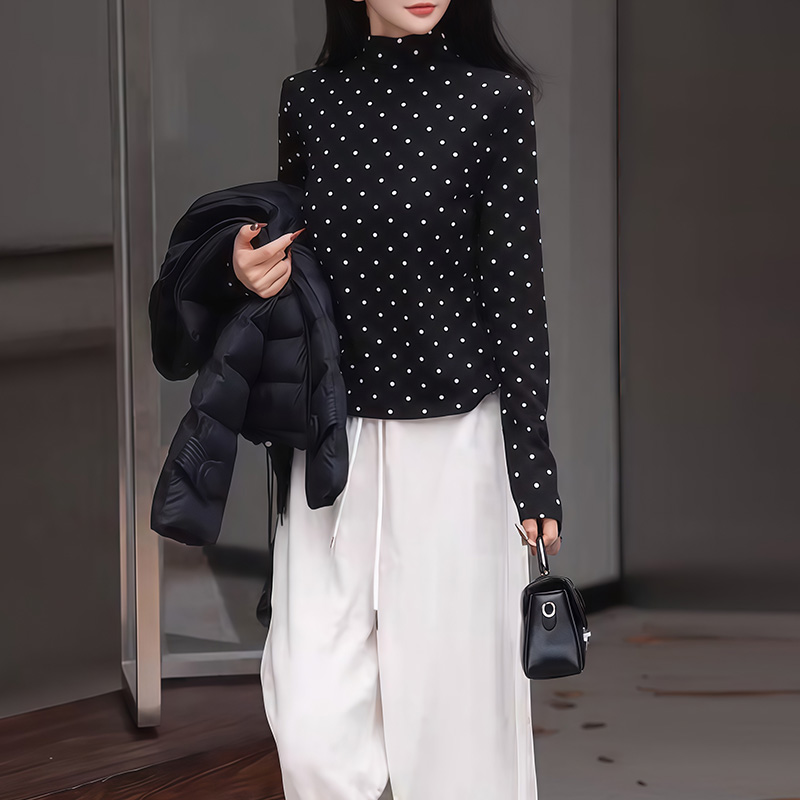 黑色波点减龄半高领长袖t恤女秋冬新款修身显瘦内搭上衣简约百搭