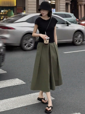 韩系简约T恤气质高腰半身裙