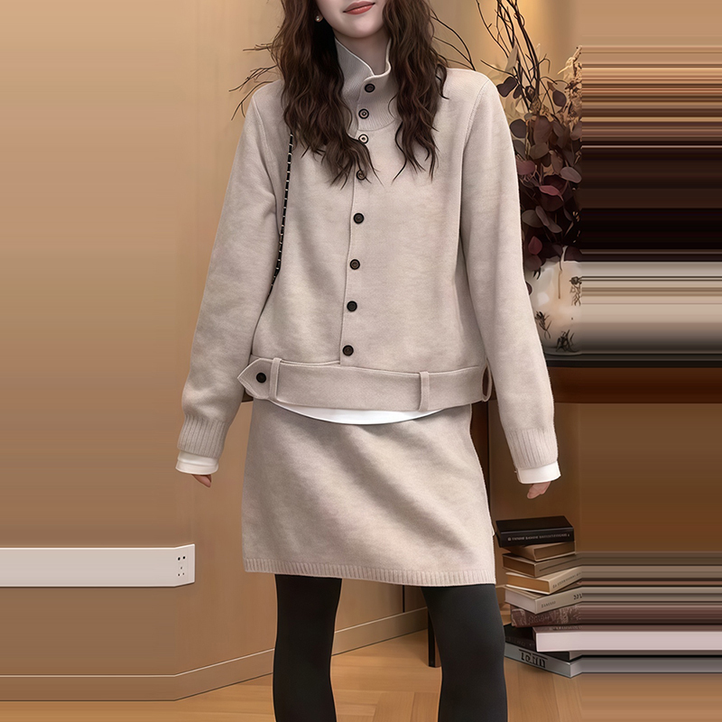 韩系高级感穿搭女秋慵懒风毛衣外套小个子休闲针织半身短裙两件套