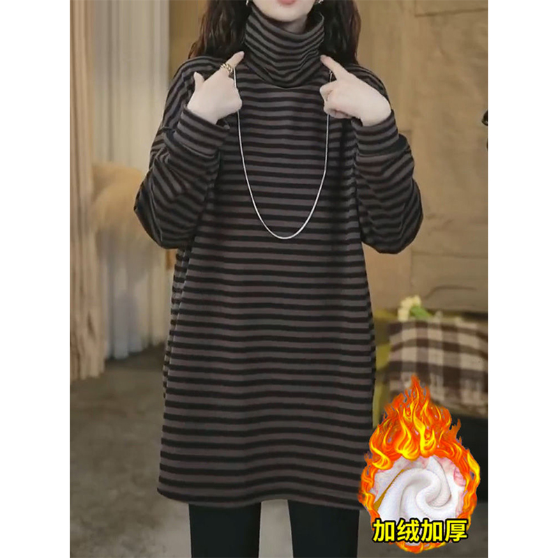 韩系高领条纹卫衣女春季新款加绒加厚保暖中长款气质慵懒遮肉内搭