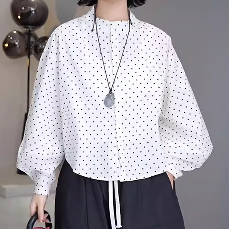 气质洋气波点长袖衬衫女秋季白色法式休闲衬衣设计感灯笼袖上衣潮