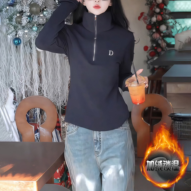 时尚设计感半拉链长袖T恤女