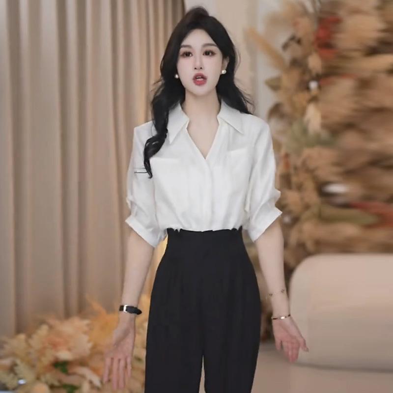 韩系气质高级感纯色短袖衬衫