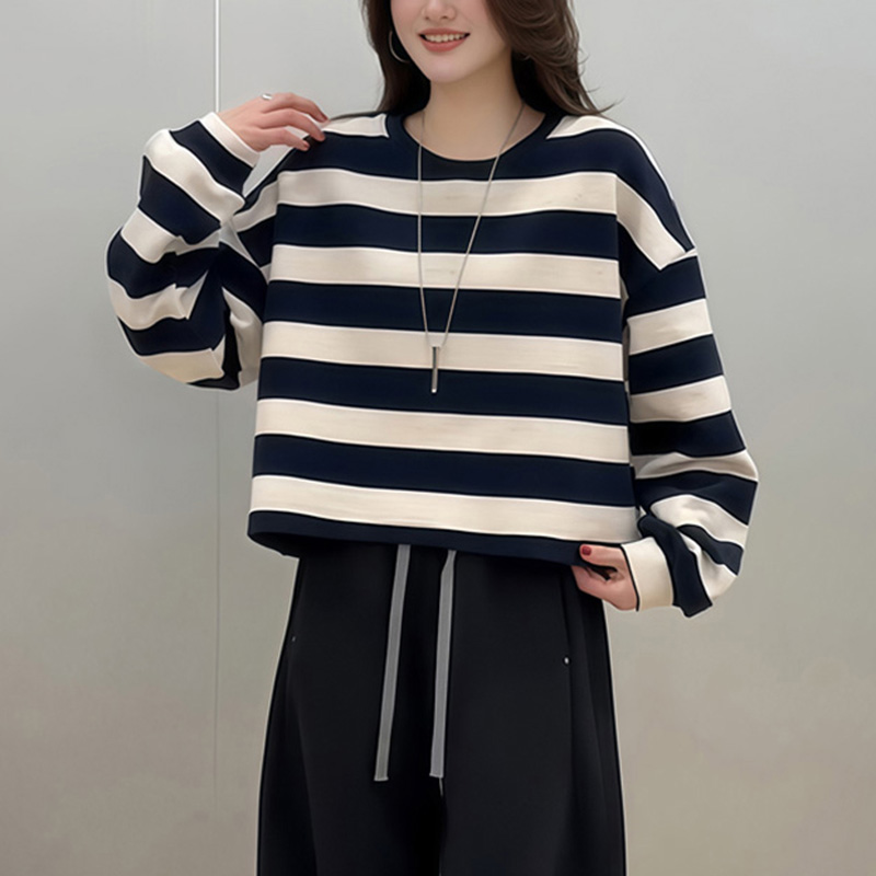 慵懒风圆领条纹卫衣女短款