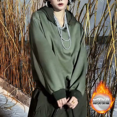 时尚复古气质绿色拉链连帽卫衣女宽松高级感外套洋气显白加绒上衣