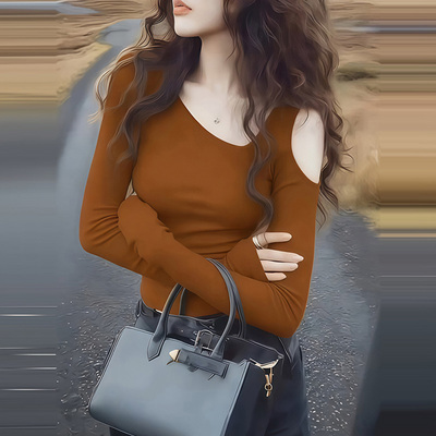 多巴胺风露肩长袖针织衫女