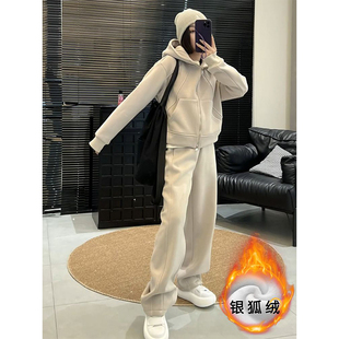 洋气连帽卫衣阔腿裤 设计感加绒休闲运动套装 时尚 新款 两件套 女春季