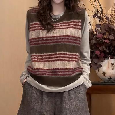 复古条纹针织马甲两件套女秋季