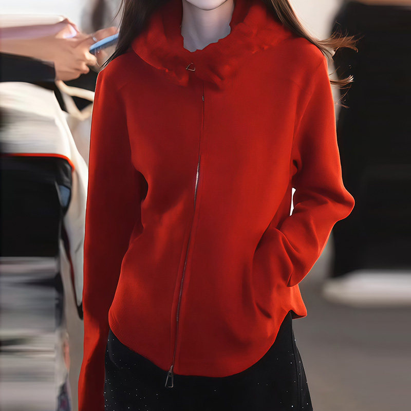 红色连帽拉链开衫卫衣女春秋季新款洋气宽松显瘦老钱风通勤上衣潮