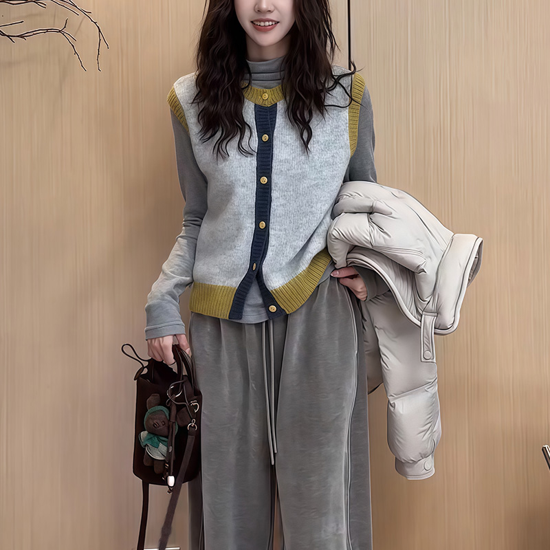 复古撞色针织马甲开衫套装女