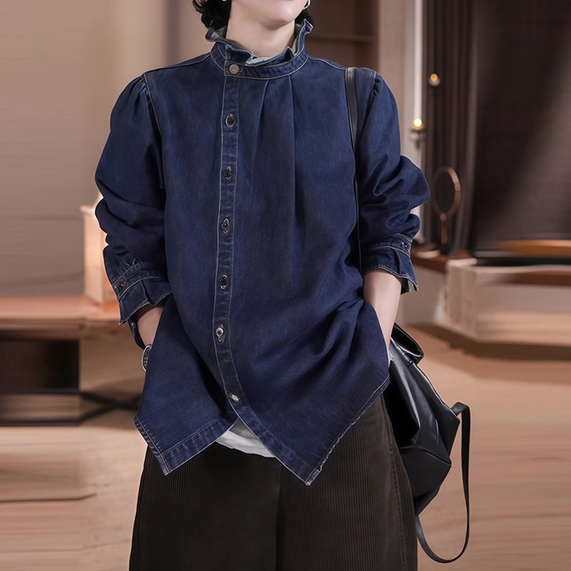 复古牛仔风立领衬衫女秋冬新款宽松灯笼袖短外套蓝色时尚长袖上衣