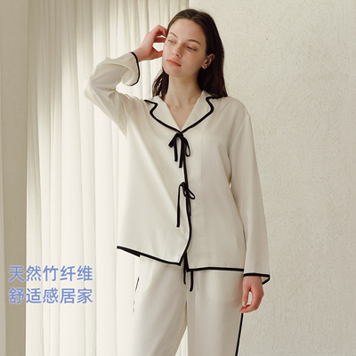 Hidden Butterfly翻领丝带柔光缎面凉感竹纤维舒适家居服睡衣套装