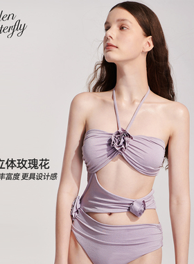 Hidden Butterfly立体花卉闪耀高开叉褶皱镂空遮肉休闲连体泳衣女