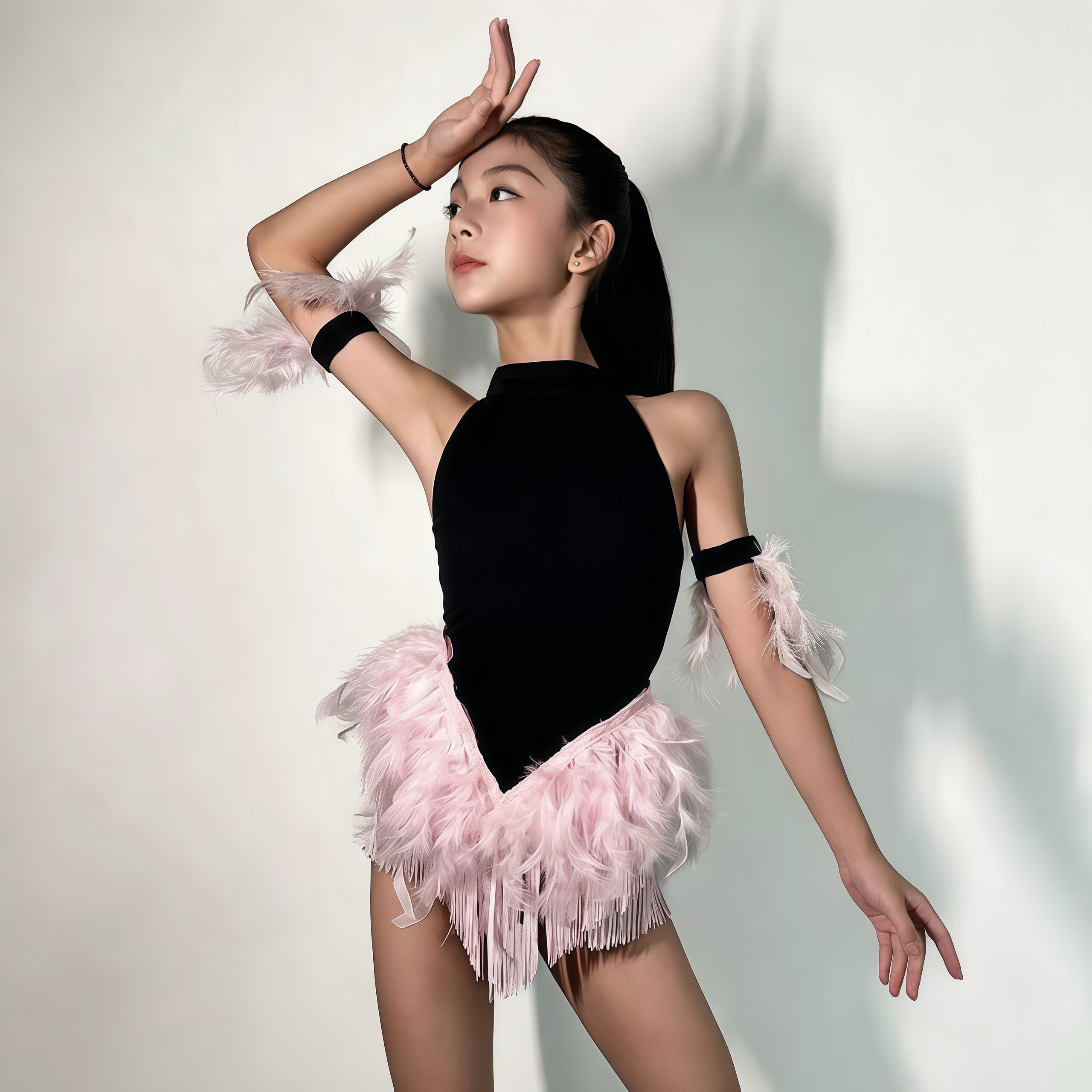 拉丁舞服2026夏季新款女童表演服高级感圆领鸵鸟毛裙子套装比赛服