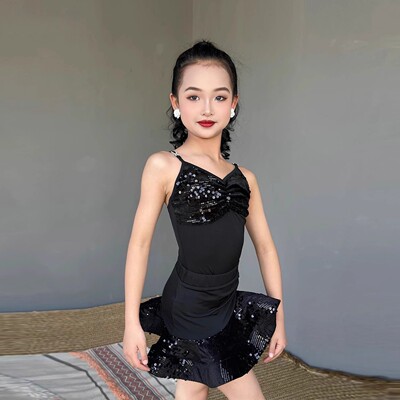 拉丁服女儿童吊带上衣亮片大摆裙