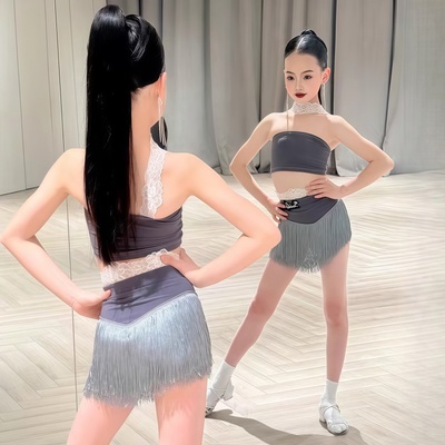 SQ同款女童拉丁吊带流苏练习服