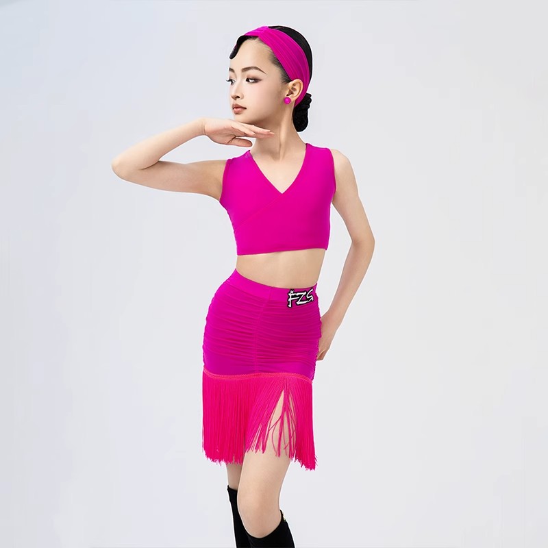 FZS女童拉丁舞服玫红系带流苏裙