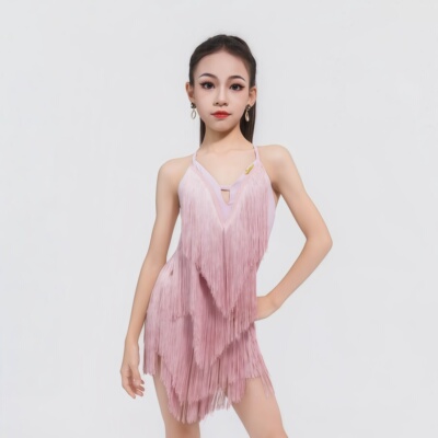夏季拉丁女童V领吊带流苏连衣裙