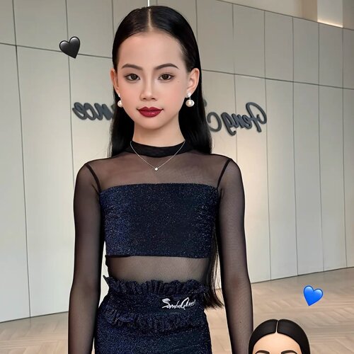 SQ同款女童拉丁演出网纱长袖亮钻