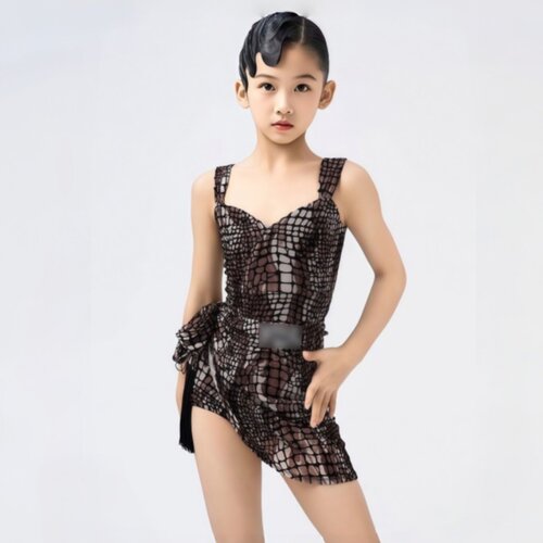 FZS新女童拉丁舞咖色蛇皮纹吊带