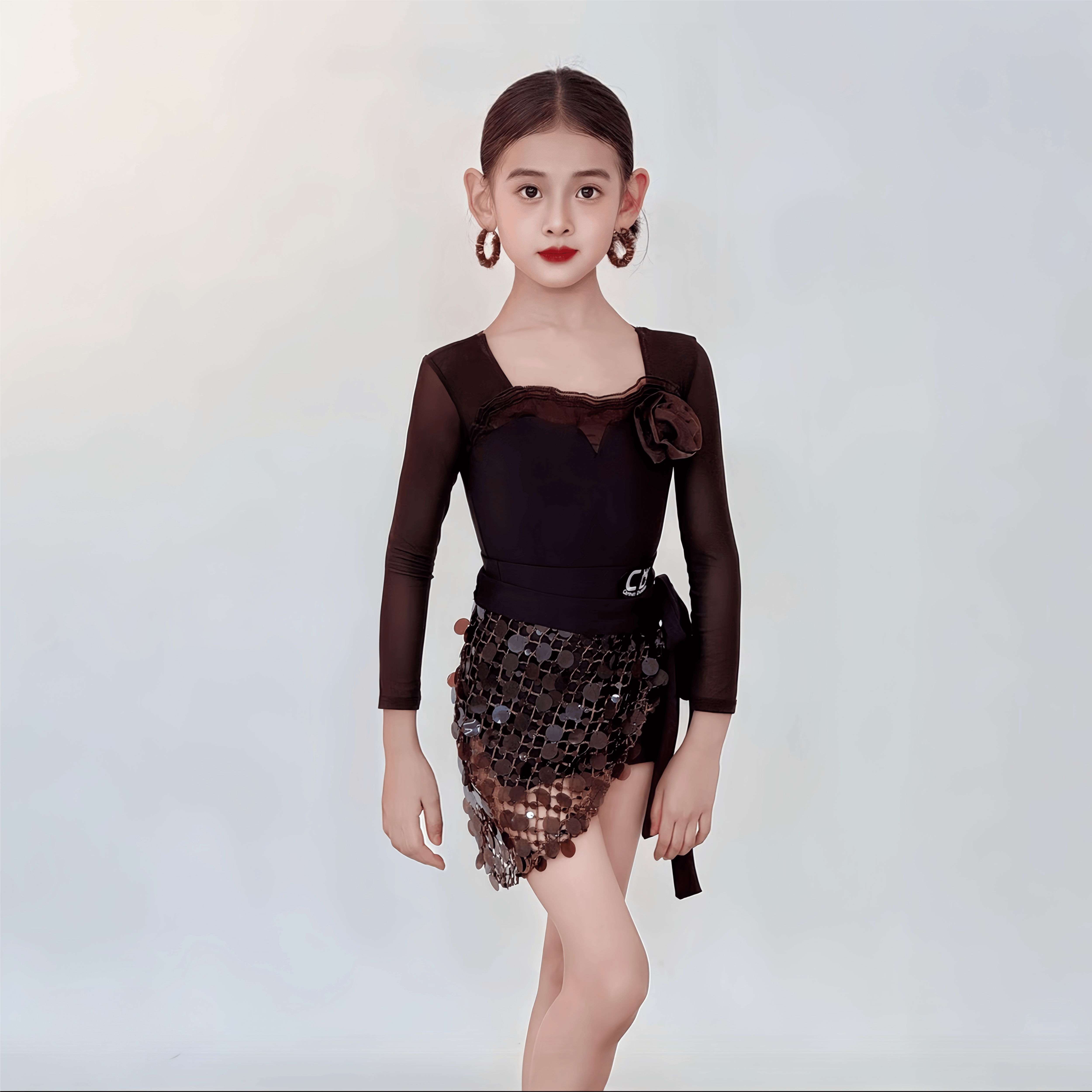 拉丁舞练习服女童方领裤子演出服图片
