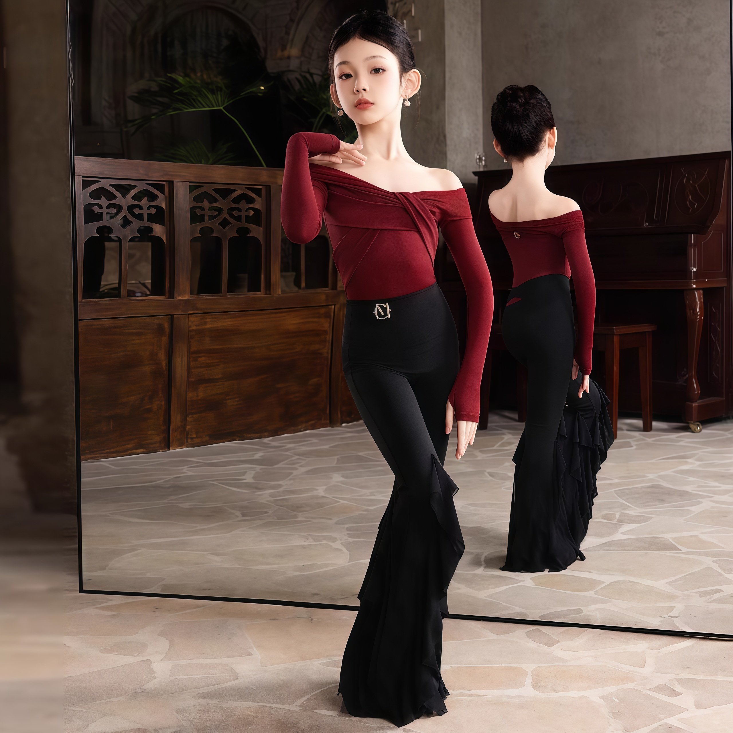 冬季新款拉丁舞服女童日常练习服露肩长袖连体上衣喇叭长裤套装,运动/瑜伽/健身/球迷用品,拉丁舞练习套装,淘宝优惠券,粉丝福利购,淘宝优惠卷