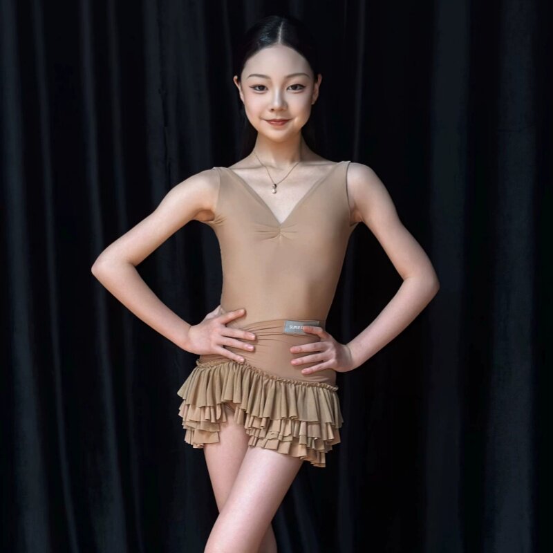 2026夏季新款拉丁舞服女童练功服高级贴肤肌底无袖V领蛋糕超短裙