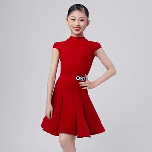 意涵同款赛服女童冠军风拉丁舞规定服丝绒包肩袖后V领分体大摆裙
