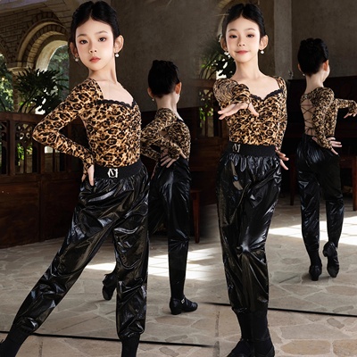 女童拉丁舞演出服背豹纹长袖套装