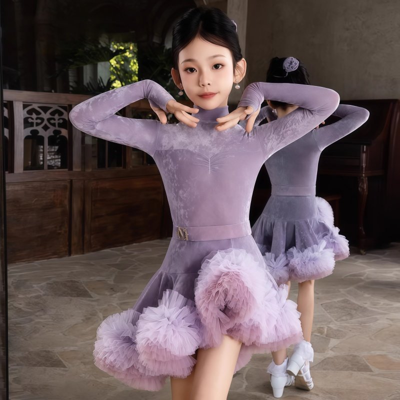 冬季新款女童拉丁舞比赛服高领长袖连体上衣蓬蓬裙套装表演演出服