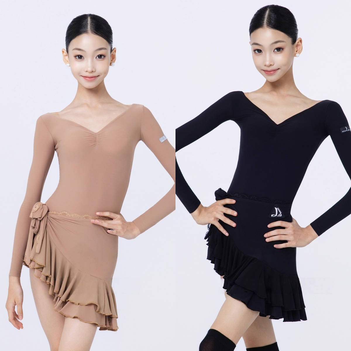冬季女童拉丁舞长袖桃心荷叶边裙