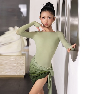 拉丁舞演出服女童长袖露背臀巾