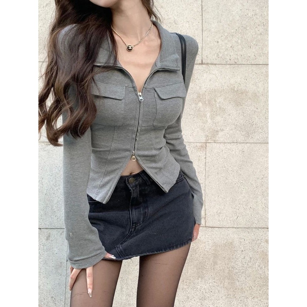 收腰翻领长袖纯色T恤女Waist up long sleeved T-shirt for women图片