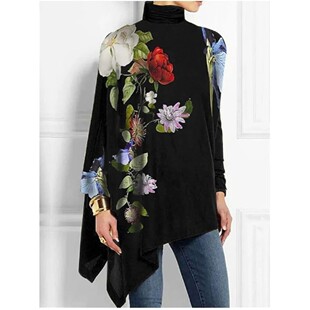 long printed neck 上衣 irregular top高领印花长袖 sleeved High