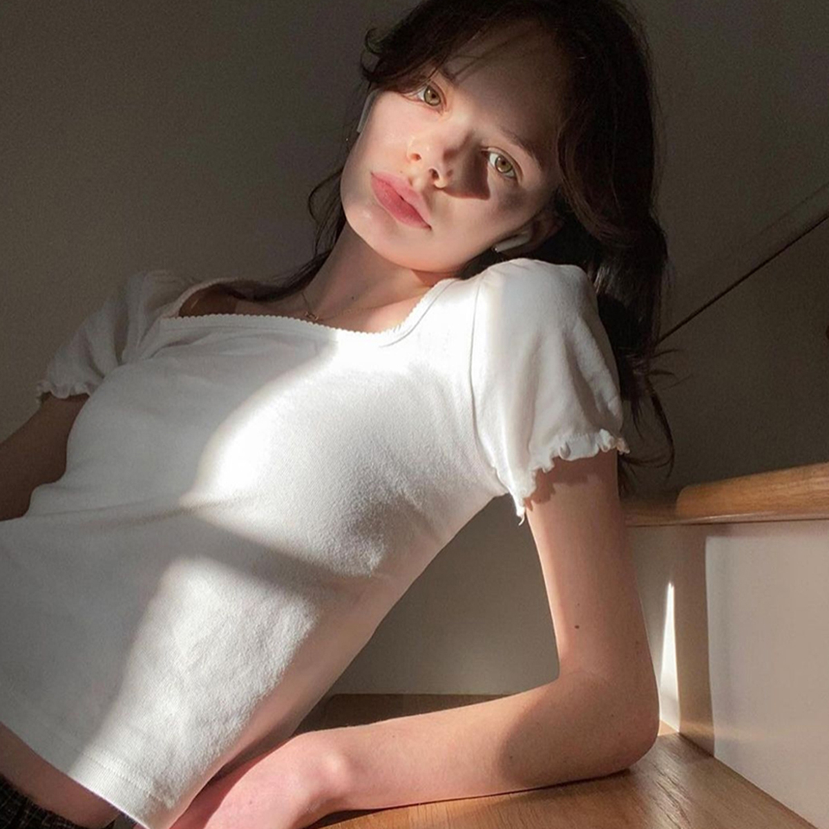 Solid Color Puff Sleeve Slim Fit T-Shirt纯色泡泡袖修身T恤女