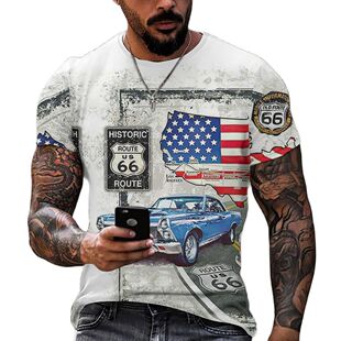 Men's Crew Neck Print Vintage T-Shirt男士圆领印花复古T恤衫